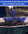 Three Piece Set Heavy Duty Manure Fork With Long Metal Handles Muck Rake For Stall Cleanup And Garden Work Built Tough For Horse Stalls Hay Bales Blue in use with blue tines preventing spillage in wheelbarrow.