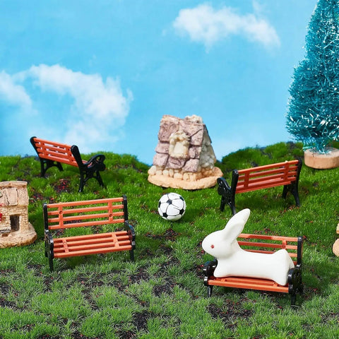 Two Piece Miniature Park Bench Set For Fairy Gardens And Dollhouses, Realistic Outdoor Bench Seating Kit displayed on grass