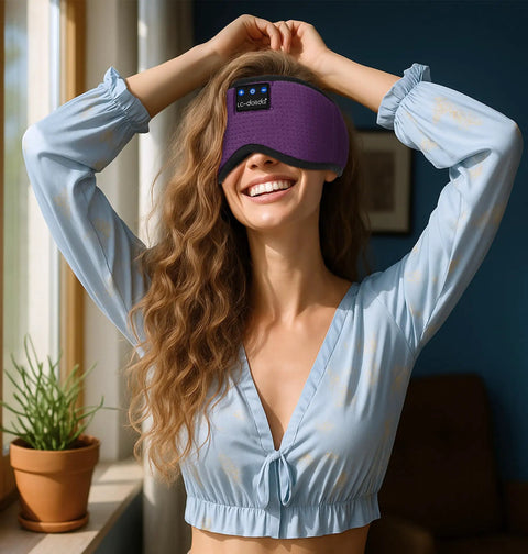 Person wearing Bluetooth Sleep Mask With Built In Sleep Headphones For Travel Napping And Night Shifts All Night Comfort Ultra Soft