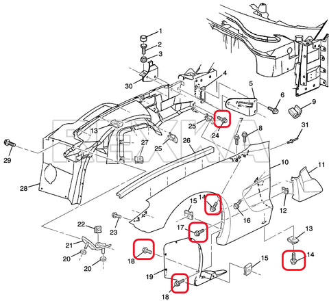 Diagram showing installation of 20 Piece Fender Liner Bumper Cover Splash Shield Bolt Kit For GM Ford Chevy Cars Suvs
