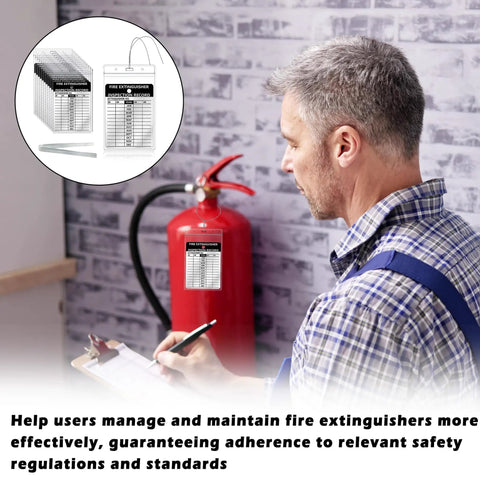 Man inspecting fire extinguisher with 25 Pack Fire Extinguisher Inspection Tags With Waterproof Plastic Covers and aluminum tags