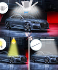 Comparison of Super Bright LED Garage Light 2 Pack 10000 Lumens 6500K Shop Light With Five Adjustable Panels and traditional lighting over a car.