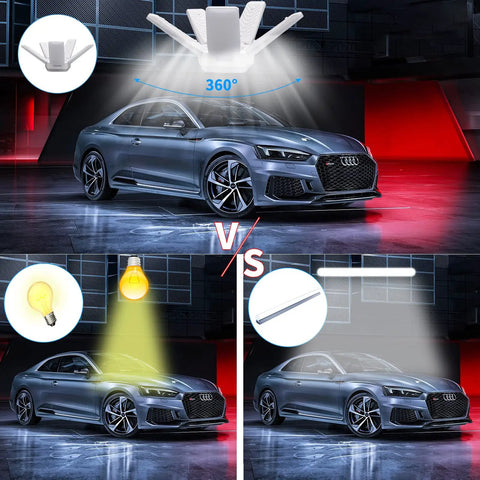 Comparison of Super Bright LED Garage Light 2 Pack 10000 Lumens 6500K Shop Light With Five Adjustable Panels and traditional lighting over a car.
