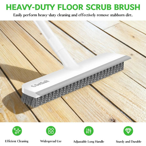 2 In 1 Floor Scrub Brush With Scraper, 48 Inch Adjustable Handle, Stiff Bristles For Tough Grime, Beats Grime On Tile, White