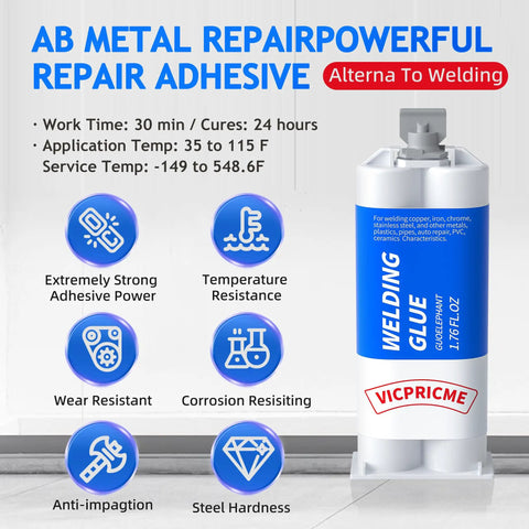 Heavy Duty Epoxy Glue Set That Cures In Five Minutes, Waterproof Adhesive for Metal, 1.76 oz tube with product features.
