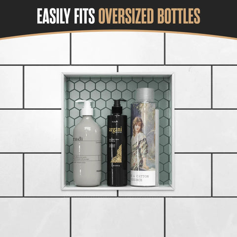 Tile Ready Shower Niche Insert In Wall Shelf 12x12 Inch with bottles in recessed bathroom storage