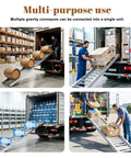 Stainless Steel Roller Conveyor Slide Foldable Portable Heavy Duty Industrial Gravity Transport Cart For Warehousing Logistics and Shipping Up To 440 Lbs with barrels and boxes being unloaded.