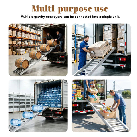 Stainless Steel Roller Conveyor Slide Foldable Portable Heavy Duty Industrial Gravity Transport Cart For Warehousing Logistics and Shipping Up To 440 Lbs with barrels and boxes being unloaded.