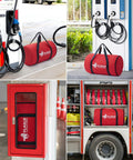 Car Fire Blanket 20ft By 30ft Large Fireproof Cover showing red storage bag at charging station and in emergency cabinet.