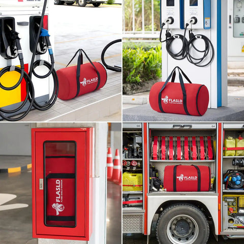 Car Fire Blanket 20ft By 30ft Large Fireproof Cover showing red storage bag at charging station and in emergency cabinet.