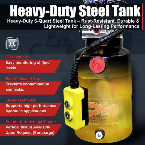 12V DC Single Acting Dump Trailer Hydraulic Pump With Steel Reservoir And Remote Controller, 6 Quart Capacity