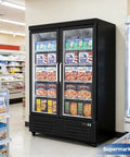 Heavy Duty Commercial Freezer Upright Two Door Glass Display Cold Storage 36 Cubic Feet showcasing frozen foods in a supermarket aisle.