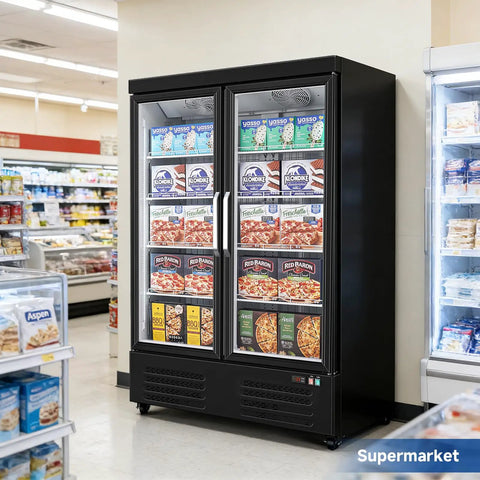Heavy Duty Commercial Freezer Upright Two Door Glass Display Cold Storage 36 Cubic Feet showcasing frozen foods in a supermarket aisle.