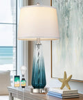 Teal Glass Table Lamp With USB A and C Ports, 3 Way Dimmable Touch Control Nightstand Light, White Linen Shade, 27.5 Inch Tall