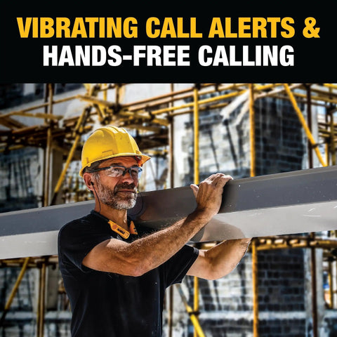 Worker wearing 2 In 1 Neckband Bluetooth Headphones With Built In Speakers Around Neck Wearable Jobsite Audio Wireless Headset for Music and Calls 60 Plus Hours Battery Life All Day Comfort Plus Carry Pouch while lifting beam