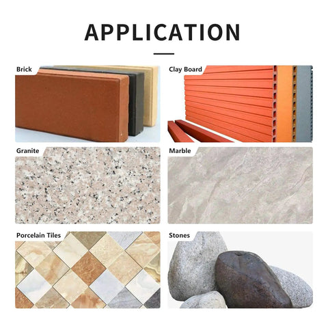 Different materials including brick, clay board, granite, marble, porcelain tiles, and stones for Pro Grade Diamond Beveling Chamfer Bits.