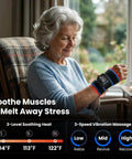 Elderly woman using Infrared Heated Wrist Wrap With Vibration Massage For Carpal Tunnel And Arthritis, cordless pain relief device.