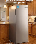 11 Cubic Foot Convertible Upright Fridge And Freezer Freestanding Setup in stainless steel, dimensions 60.63x29.3x23.6 inches.