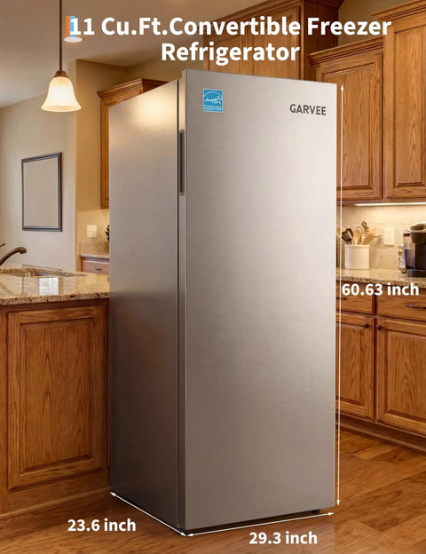 11 Cubic Foot Convertible Upright Fridge And Freezer Freestanding Setup in stainless steel, dimensions 60.63x29.3x23.6 inches.