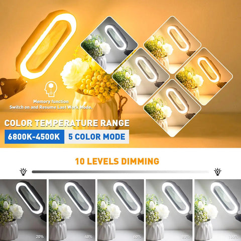 12X Ultra Long 3-Section Swing Arm Lighted Magnifying Glass With Stand demonstrating 5 color modes and 10 dimming levels.