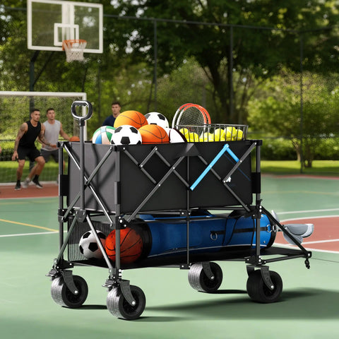 52 Inch Heavy Duty Double Decker Wagon With Brakes 560 Lbs Load All Terrain Big Wheels Collapsible Folding Wagon Cart For Camping Fishing Sports And Hauling Gear On The Go Black carrying sports equipment on basketball court