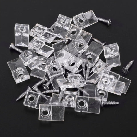 Heavy Duty Mirror Hangers With Screws Clear Plastic Wall Mount Clamps For Frameless Glass Panels and Cabinet Doors Rock Solid Invisible Retainer Kit No Fuss Installation with clear plastic clips and steel screws.
