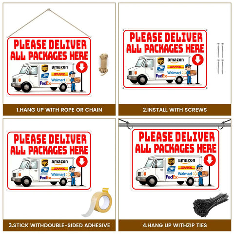 Handle Every Package Drop Off Like A Pro With This 14X10 Inch Delivery Sign For Packages Featuring Highly Visible Text And Pre Drilled Holes For Quick Porch Fence Installation, showcasing installation methods.