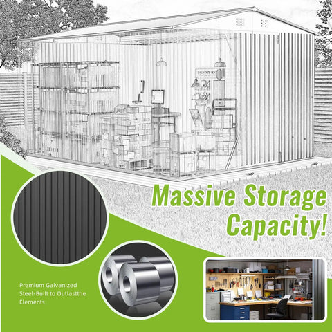 Heavy Duty 10 By 14 Ft Outdoor Metal Storage Shed With Waterproof Construction Lockable Double Hinged Door Reinforced Frame Sloped Roof And Vents for lawn mower bikes patio gear and garden tools, schematic view with storage capacity.