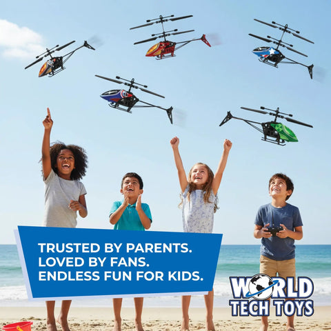 Spider Man RC Helicopter For Kids 8 Plus Easy Fly Remote Control Toy With LED Lights Tough Build Durable Polymer Body Coaxial Rotors And Rear Rotor Spiderman Toy For Indoor Outdoor Fun flying outdoors with kids.