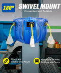 Blue 40 Ft Extension Cord Reel with 14 AWG 3 Conductor SJTOW cable, swivel mount, triple tap connector in garage setting.