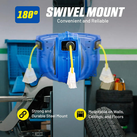 Blue 40 Ft Extension Cord Reel with 14 AWG 3 Conductor SJTOW cable, swivel mount, triple tap connector in garage setting.
