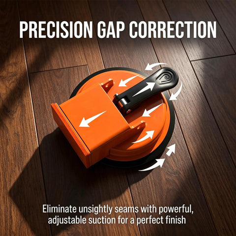 Floor Gap Fixer Tool Kit With Heavy Duty Suction Cup shown on laminate floor for gap correction