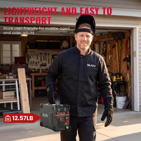Man holding Dual Voltage Plasma Cutter 110V And 220V, 55A Pilot Arc With LED Display in garage