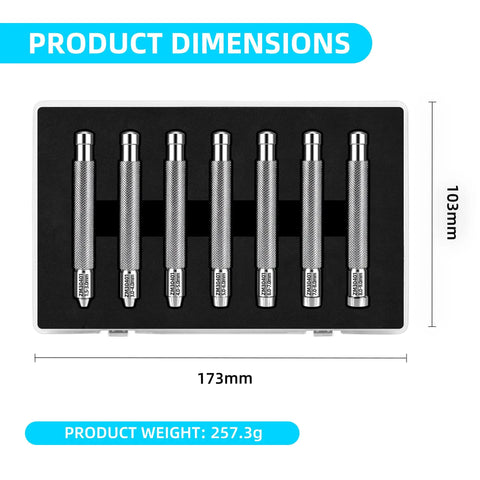 7 Piece Crown Winding Set For Mechanical Watches in case, showing product dimensions 173mm x 103mm and weight 257.3g