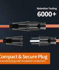 Detailed view of 3-prong grounded plug on Beefed Up Heavy Duty 50 Foot Outdoor Extension Cord 16 AWG SJTW with PVC Jacket.