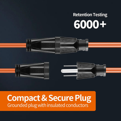 Detailed view of 3-prong grounded plug on Beefed Up Heavy Duty 50 Foot Outdoor Extension Cord 16 AWG SJTW with PVC Jacket.