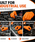 Rock Solid 8 Mil Orange Nitrile Work Gloves 100 Pack Medium Chemical Resistant Disposables for auto repair, assembly line, and maintenance tasks.