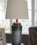 Modern Table Lamp Set, 2 Pack With Galvanized Metal Base And Ombre Fabric Shade, Dark Gray Finish, On Off Switch by window