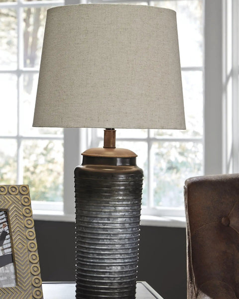 Modern Table Lamp Set, 2 Pack With Galvanized Metal Base And Ombre Fabric Shade, Dark Gray Finish, On Off Switch by window