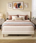 Queen Size Bed Frame With Wingback Headboard Upholstered In Beige Corduroy Fabric in stylish bedroom setting with decorative pillows.