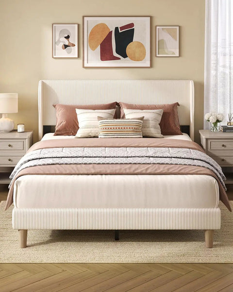 Queen Size Bed Frame With Wingback Headboard Upholstered In Beige Corduroy Fabric in stylish bedroom setting with decorative pillows.