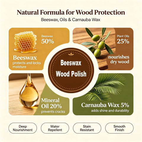 Premium Beeswax Wood Polish That Keeps Your Furniture Lookin Sharp And Ready For The Long Haul Deep Conditioning Treatment ingredients infographic.