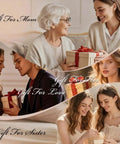 Collage of people exchanging gifts with text: Gift For Mom, Gift For Her, Gift For Love, Gift For Sister, featuring a family atmosphere.