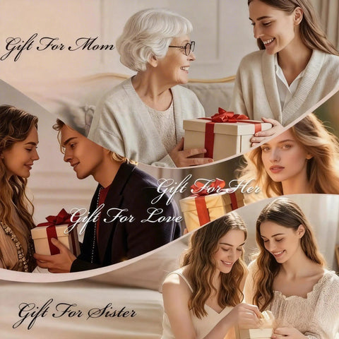 Collage of people exchanging gifts with text: Gift For Mom, Gift For Her, Gift For Love, Gift For Sister, featuring a family atmosphere.
