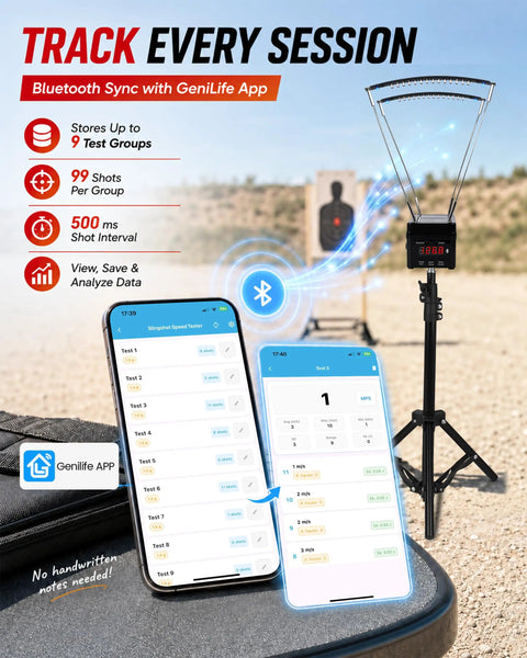 Projectile Speed Chronograph With Bluetooth App And Infrared Optical Sensors 0 To 9999 Feet Per Second Velocity Meter Adjustable Stand Data Storage For Multiple Test Runs Pro Grade For Ballistics Archery And Firearm Labs with app screens