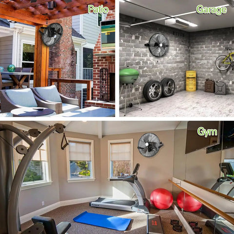 20 Inch Industrial Wall Mount Fan Featuring Hella Powerful 4600 CFM Airflow, Heavy Duty Metal Barn Design, Smooth Three Speed Pull Chain in patio, garage, and gym settings.