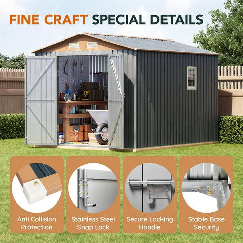 Durable 10 By 8 Ft Metal Storage Shed With Floor Frame Lockable Doors Vent Panels And Window Matte Gray Finish Open Doors