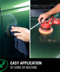 Scratch Repair And Renew Car Polish application by hand and machine on green car surface
