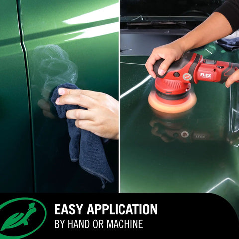 Scratch Repair And Renew Car Polish application by hand and machine on green car surface