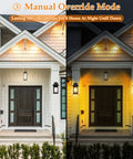 Two Pack Motion Sensor Outdoor Lights With Dusk To Dawn, Auto Modes, Retro Black Waterproof Exterior Lantern Wall Mounts shown by door